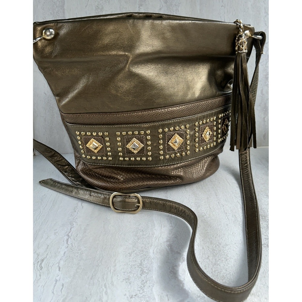 Vtg Leather Pinky 80s Glam Bronze Gold Shoulder Crossbody Retro Bucket Bag 9520